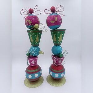 Pier 1 Glitter Ornament Totem Pole Rare Sparkle Xmas Centerpiece Decor Set Of 2!